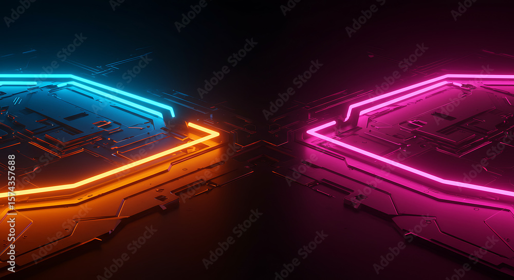 Aufkleber futuristic dark background featuring glowing neon lines and abstract circuit patterns in vibrant blu