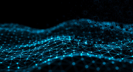 Digital network, connection and technology with blue abstract wave for artificial intelligence, blockchain or cryptocurrency. Data visualization, innovation and computing infrastructure with nodes