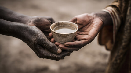Offering a Lifeline: A compassionate act of charity unfolds as a pair of hands, one extending a humble vessel of water to another, embodying the essence of empathy and human connection.