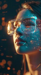 close-up of woman wearing smart glasses in cyberspace, metaverse interface, 3D holograms, digital avatars interacting 
