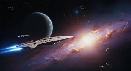 Futuristic Spaceship Flying Near Planets and Stars in Deep Space