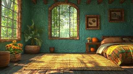 Cozy sunlit bedroom with teal walls,  rustic decor, and vibrant textiles