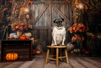 Pug Sitting on Stool in Rustic Fall Barn Scene