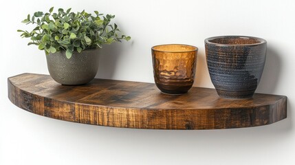 Curved wooden wall shelf with decorative items