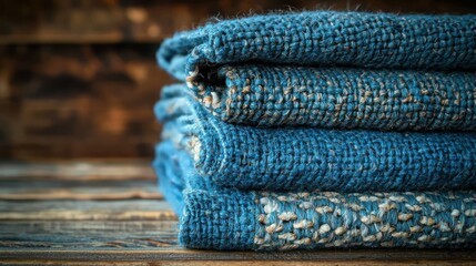 Stacked blue textiles on wooden surface