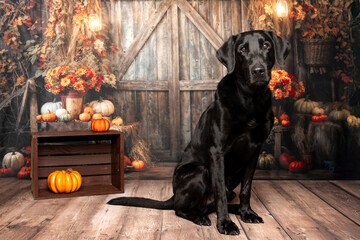 Black Dog Sitting in Rustic Fall Barn Setting