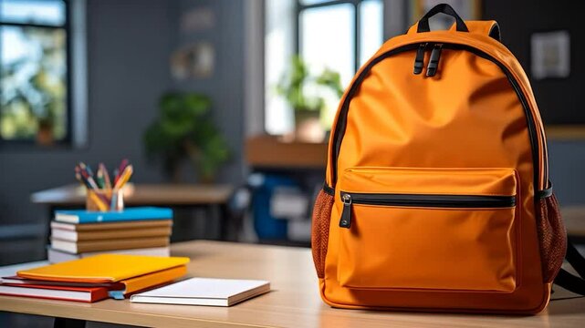 An orange backpack sits on a desk next to books in a classroom setting