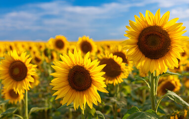 Fototapeta premium Close-up of bright sunflowers turning toward the summer sun in a vast, golden field under a clear blue. 