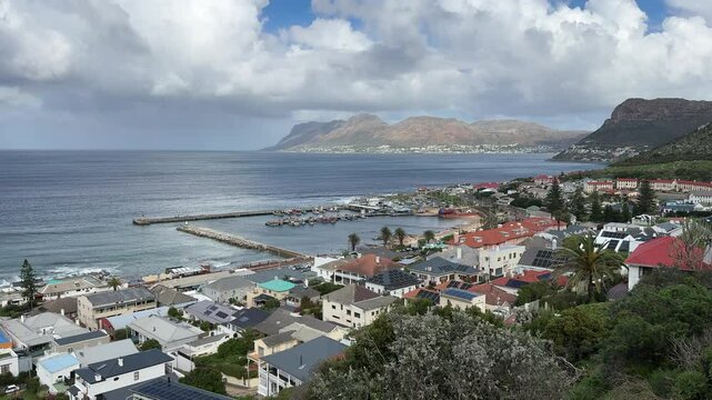 View of Kalk Bay and the harbour from Boyes Drive on a dry winter&rsquo;s day.