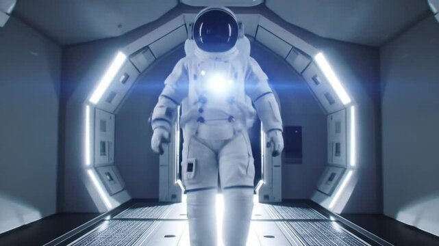 Astronaut walks through brightly lit space station corridor