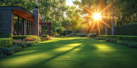 Modern house with large windows overlooks a lush green lawn and garden, bathed in warm sunlight filtering through surrounding trees.