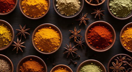 Overhead view of various vibrant spices and star anise in small bowls on a dark surface.