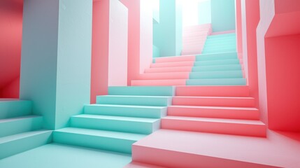 Pastel-hued stairway in a vibrant, geometrically-designed space
