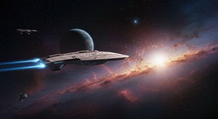 Futuristic Spaceship Flying Through Deep Space with Planets and Bright Galaxy
