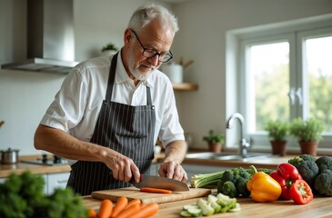 Elderly Man Preparing Healthy Meal – Fresh Vegetable Prep in Sunlit Modern Kitchen