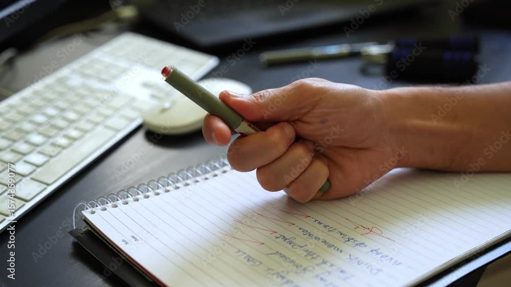 Poster handwriting notes on a spiral notebook at a desk, symbolizing productivity, organization, or learnin