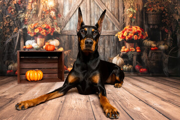 Doberman Pinscher Lying in Rustic Fall Barn Scene