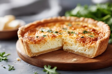 Slice of quiche with greens and cheese displayed on a wooden cutting board in a culinary setting
