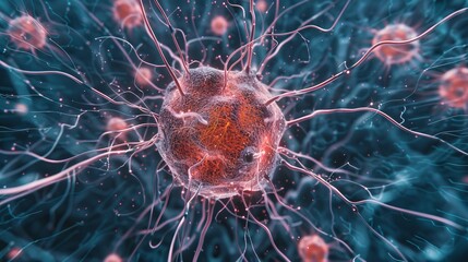 virus or cancer cell under microscope, 3d render, medical visualization of infected biological cell
