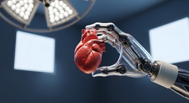 A robotic hand holding a heart in an operating room under a surgical light with blue background