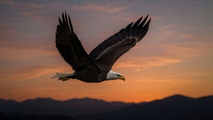 Bald Eagle Soaring at Sunset Over Misty Mountains