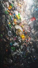 compressed plastic waste ready for recycling, close-up of colorful plastic trash in recycling center