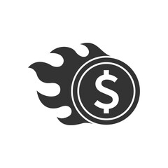 Burning coin graphic icon. Fire money sign isolated on white background. Business metaphor. Vector illustration