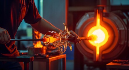 A glassblower shaping molten glass with tools in front of a furnace in a dimly lit workshop area