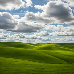 Expansive rolling green hills stretch towards the horizon under a bright, cloudy sky, creating a serene and idyllic natural landscape with a sense of vastness and peace.
