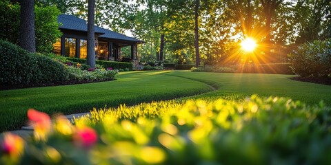 A serene garden scene at sunset with a cozy house, lush green lawn, colorful flowers, and sunlight filtering through tall trees.