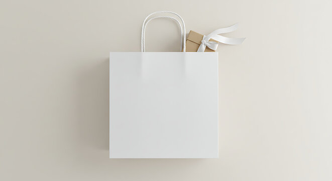 A blank white shopping bag with a small gift and ribbon inside.