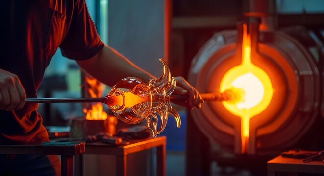 A glassblower shaping molten glass with tools in front of a furnace in a dimly lit workshop area