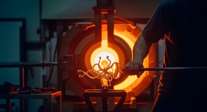 A glassblower shaping molten glass with a long tool in front of a glowing furnace in a workshop