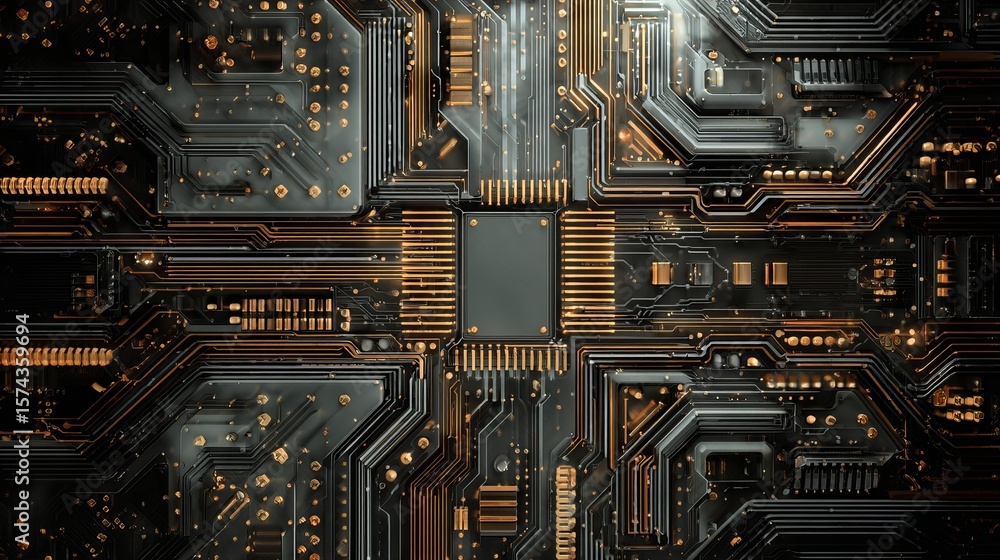 Aufkleber intricate circuit board pattern, illuminated by golden lines, showcasing advanced technology and fut