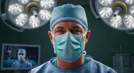 Close up of a surgeon in surgical cap and mask with bright operating room lights above him and monitor