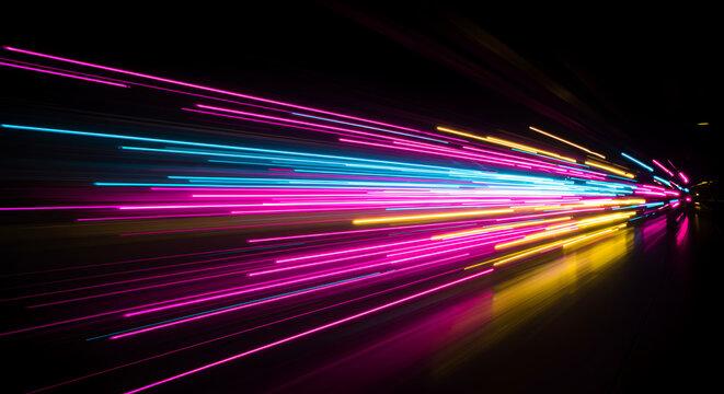 Abstract composition of vibrant, colorful light trails streaking across a dark background.