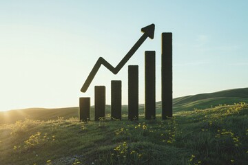 Sustainable growth chart made of grass in green field at sunrise light.