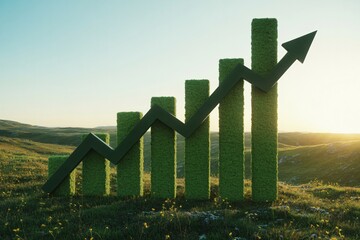 Sustainable growth chart made of grass in green field at sunrise light.