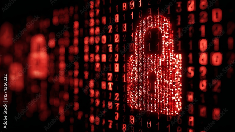 Poster red digital padlock against a dark background with numbers suggests security in the digital age conc