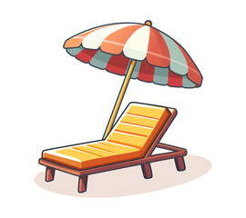 vector vacation icon beach sunbed with umbrella, wooden deck chair. Summertime relax. Isolated on white background illustration.
