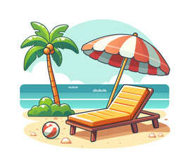 vector vacation icon beach sunbed with umbrella, wooden deck chair, sea and palms. Summertime relax. Isolated on white background illustration.