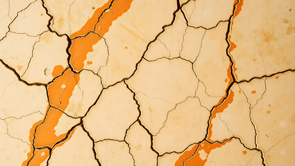 Arid landscape revealing a cracked earth surface, colored orange by the traces of water, creating a natural abstract desert texture.
