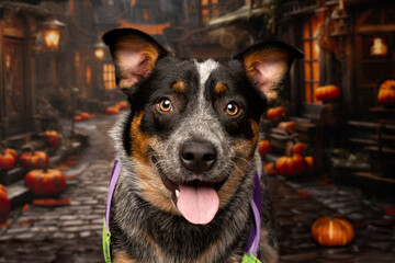 Happy Dog Close-Up in Halloween Street Scene