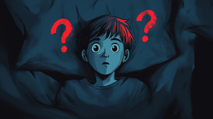 Man is lying under blanket on bed at deep night, with frowning face, not being able to sleep because of obsessive thoughts, problems, emotional stress and depression. Insomnia and neurosis concept 