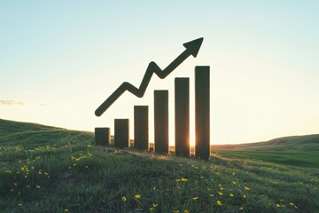 Sustainable growth chart made of grass in green field at sunrise light.