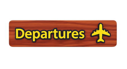 Departures sign on wood with an airplane icon indicates flights leaving the airport