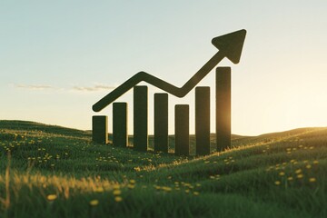 Sustainable growth chart made of grass in green field at sunrise light.