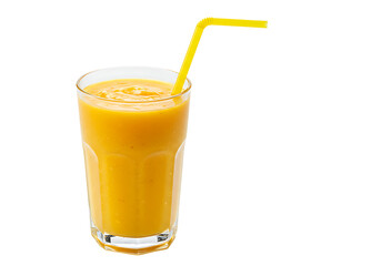 Orange smoothie in a tall glass with a yellow straw on a black background