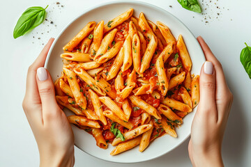 Hands holding a plate of penne alla vodka pasta with tomato sauce and fresh basil on a white background