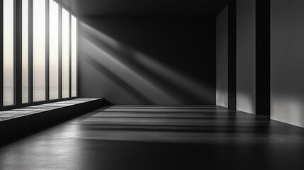 Sunlight streams through large windows into a minimalist room with a view of the sea.